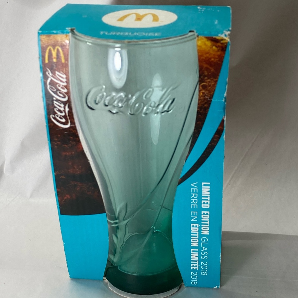 New in box, Collectible turquoise McDonald’s Coke Coca Cola glass